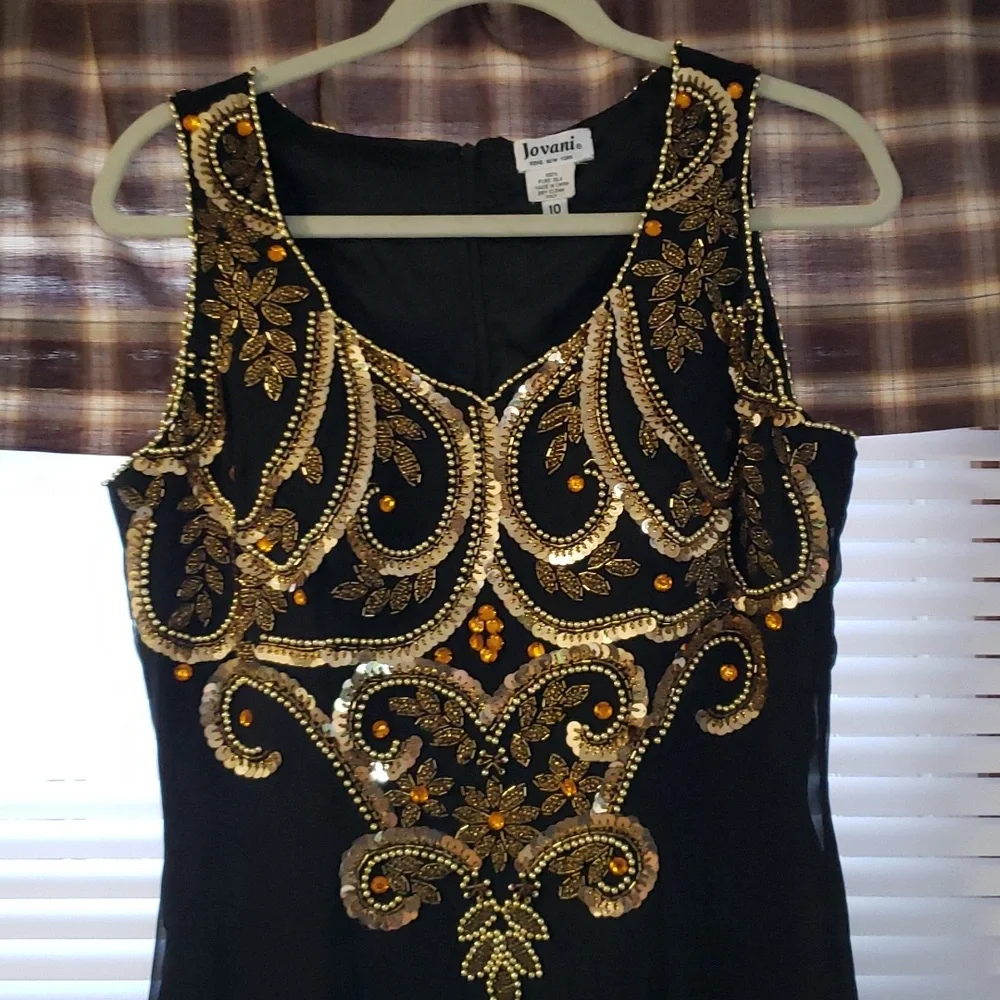 Vtg Jovani black silk gown with gold sequin detail - Picture 4 of 13